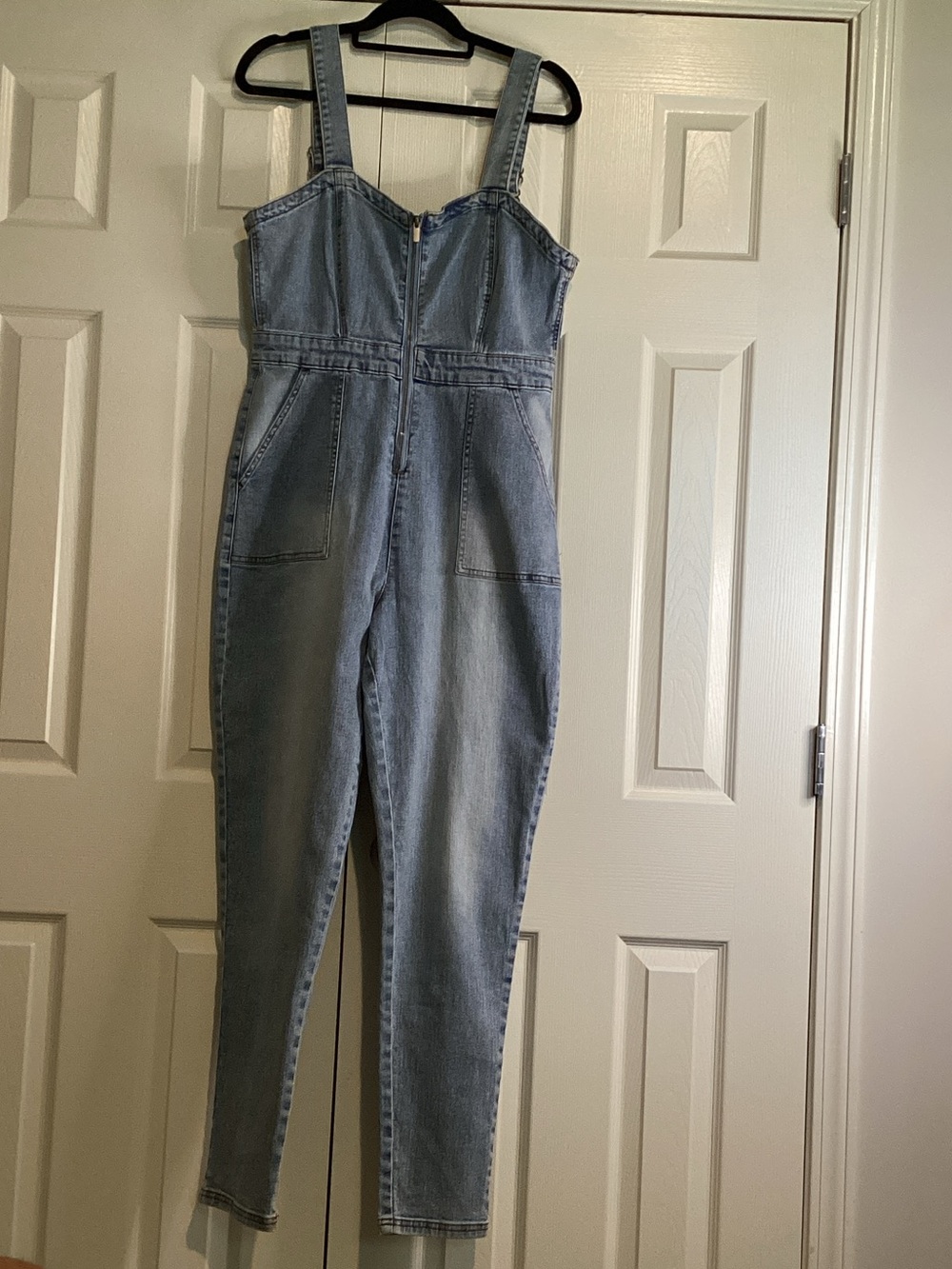 VENUS Light Blue Denim Overalls Jumpsuit with Front Zip